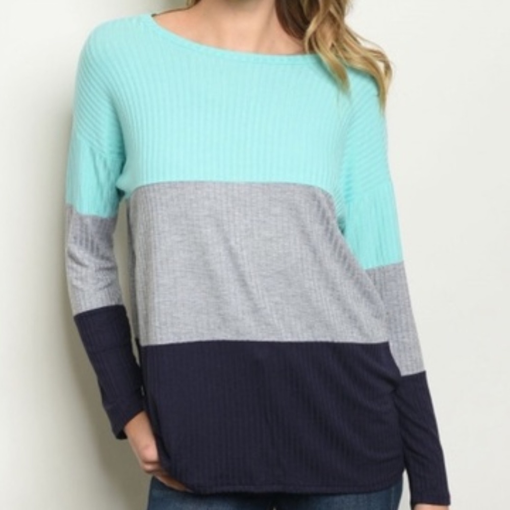 Colorblock Long Sleeve Pullover Shirt - Aqua, Dove - Picture 3 of 8